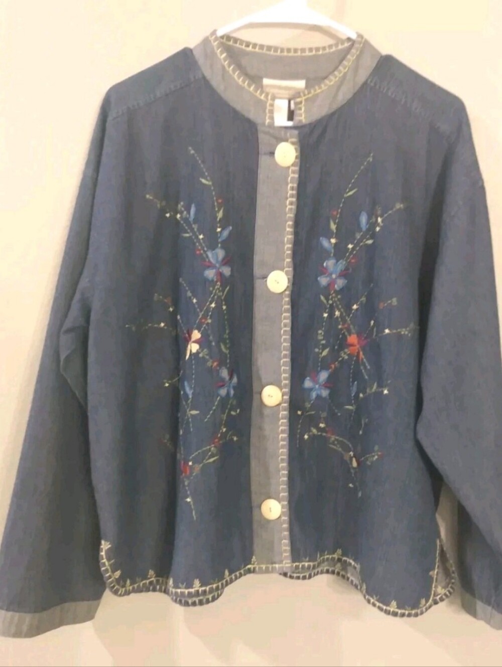 Coldwater Creek Artsy Teacher Granny Blue Denim Embroidered Jacket Cardigan L